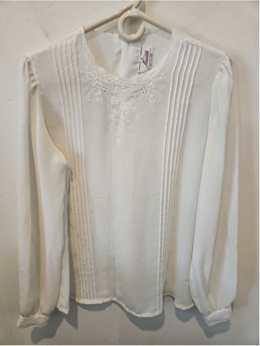 Women's Meredith Vintage Blouse Size 12 Cream Long Sleeve Embroidered Top